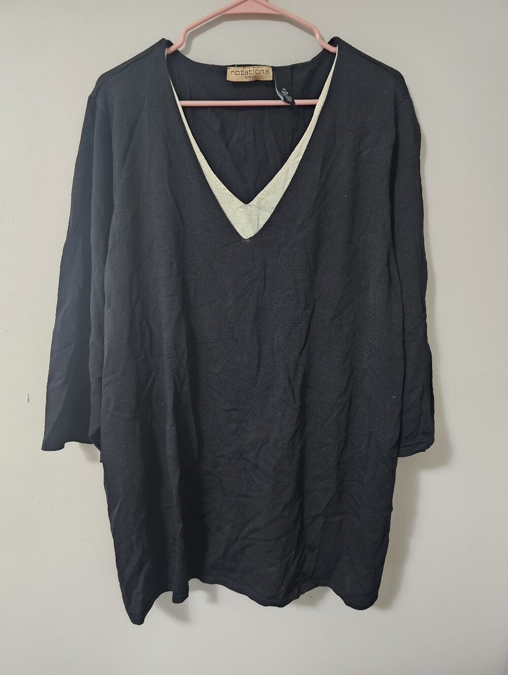 Black Notations Tunic Top with White V-neck Insert